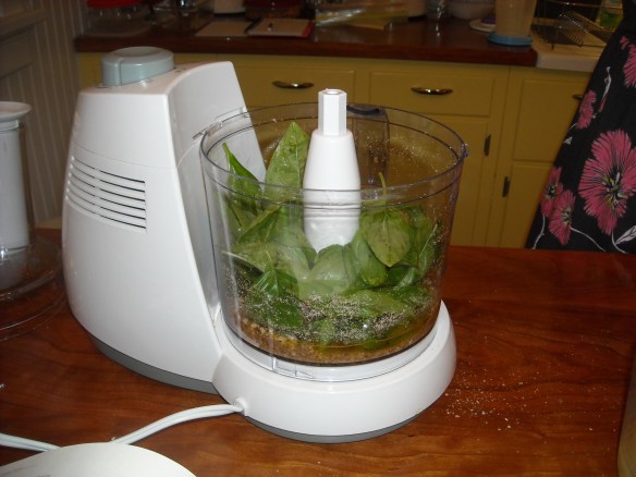 The pesto ingredients in the food processor.