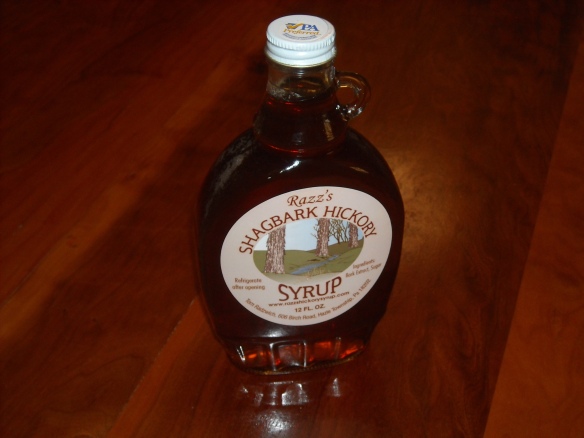 A bottle of shagbark hickory syrup.